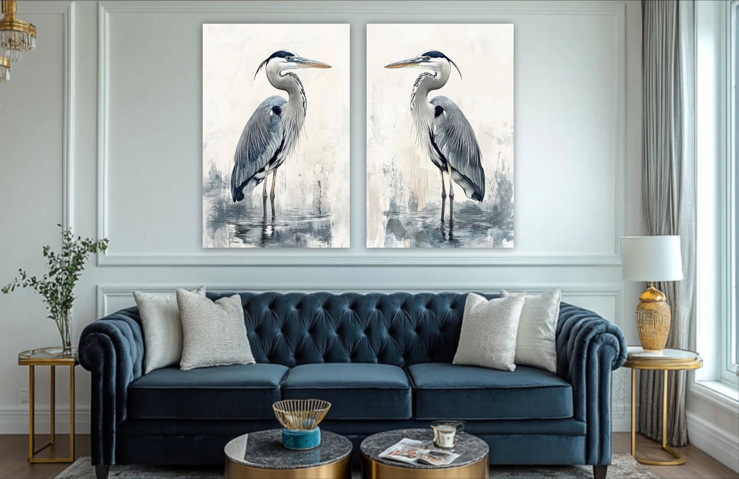 a living room with two paintings of birds on the wall