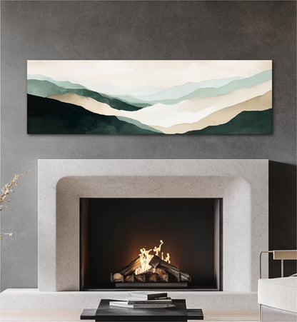 a fireplace with a fire burning inside, and a large abstract landscape painting hanging above it on the wall.