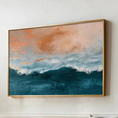 a large, framed painting of a seascape with a blue-green ocean and a sky with orange and pink hues.