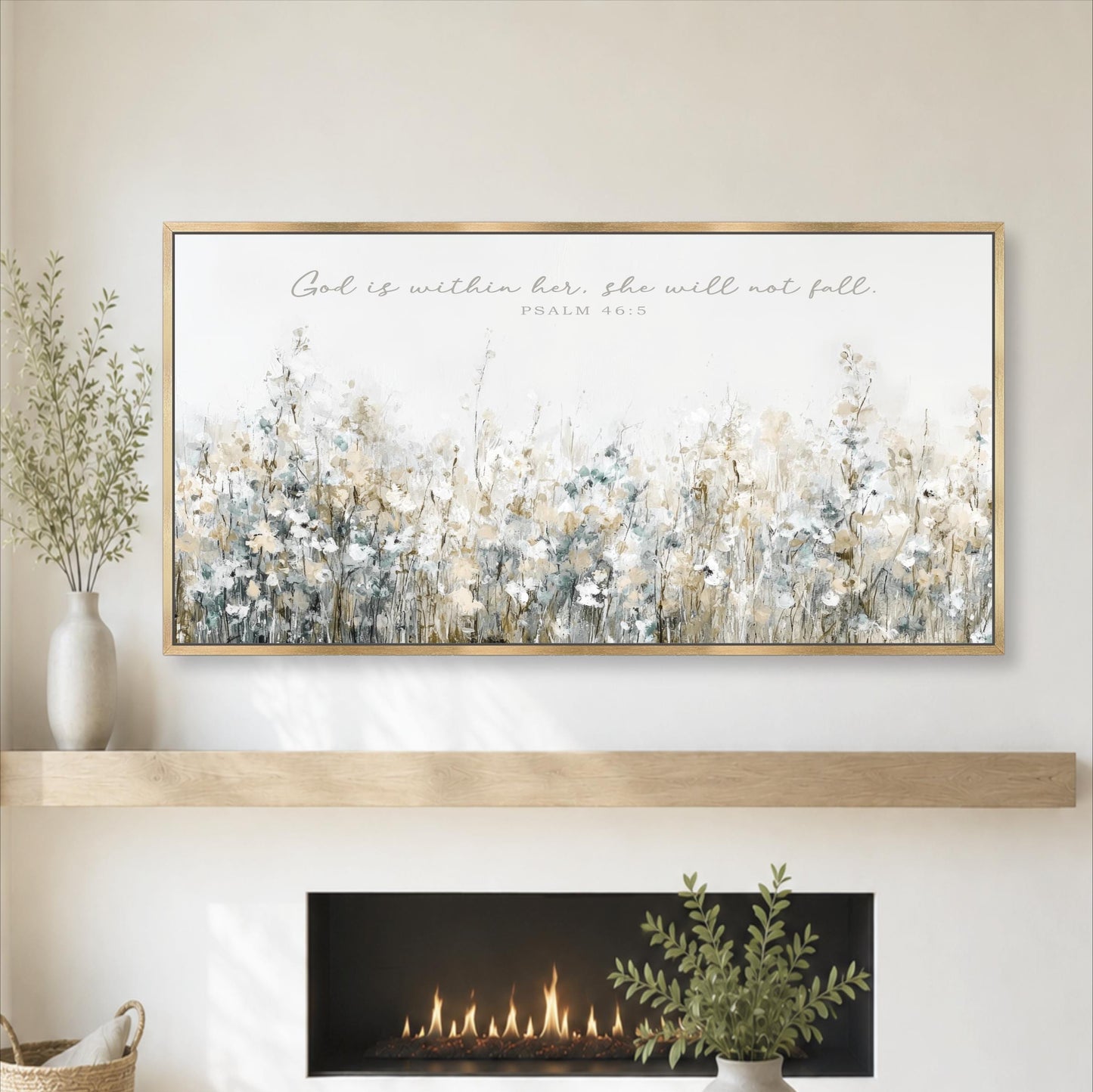 a large framed painting of a field of flowers above a fireplace, with a quote from Psalm 46:5-6 visible on the painting.