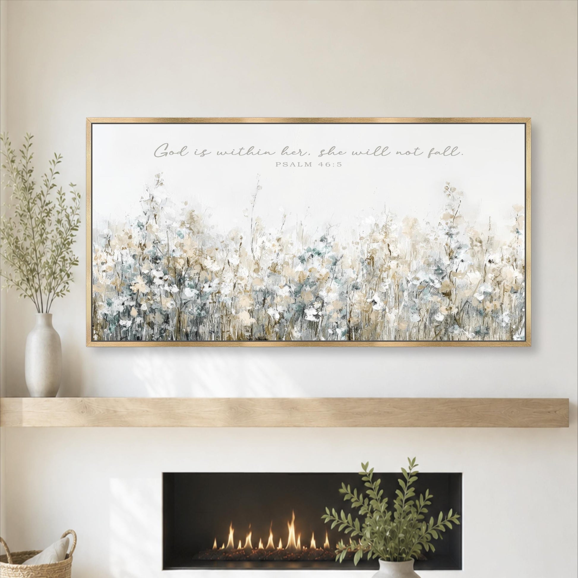 a large framed painting of a field of flowers above a fireplace, with a quote from Psalm 46:5-6 visible on the painting.