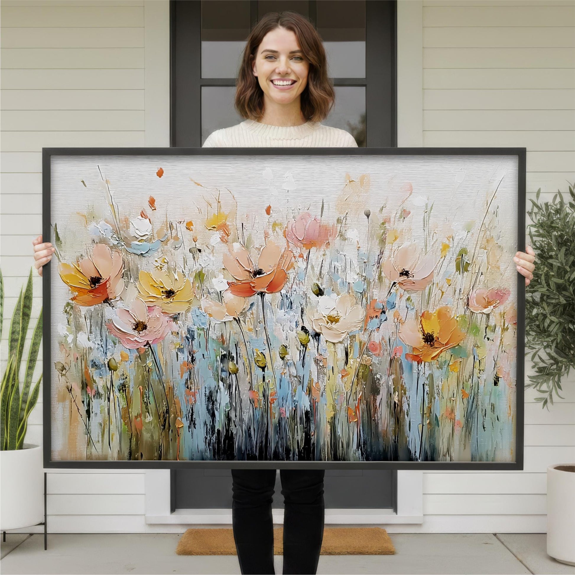 A woman is holding a large framed painting of colorful flowers in front of a house.