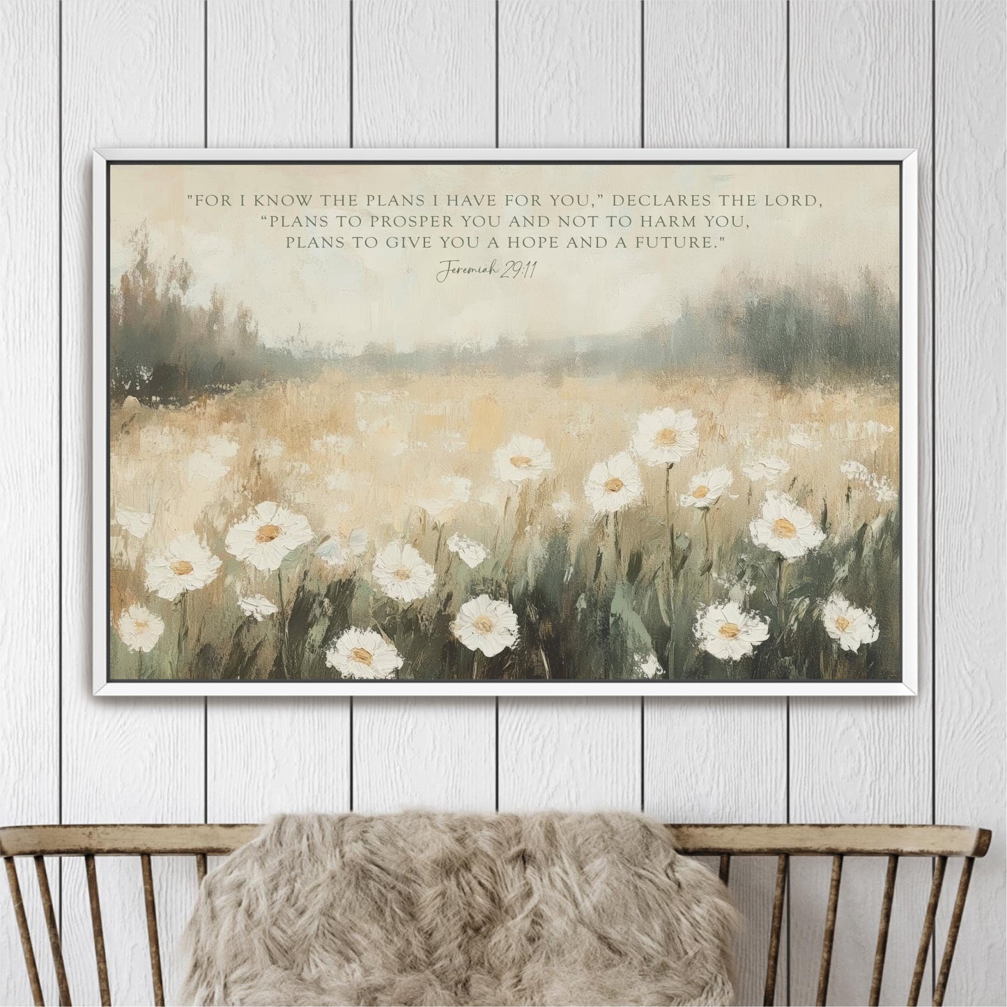 The image is a framed painting of a field of white flowers, with a quote from the Bible verse James 1:11 overlaid on the painting.