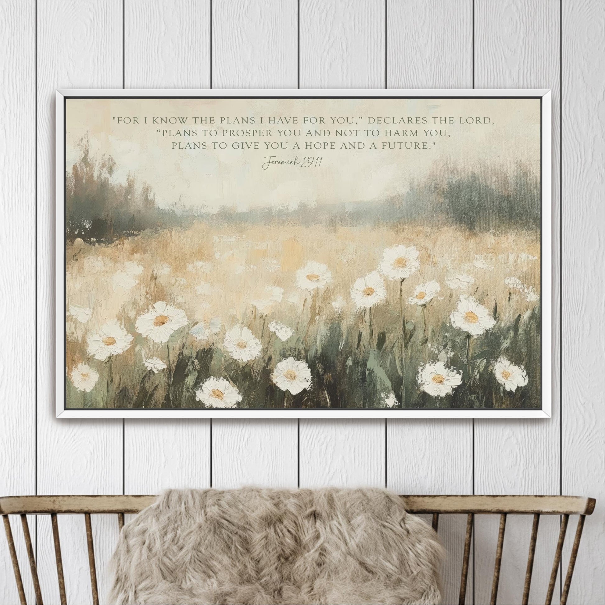 The image is a framed painting of a field of white flowers, with a quote from the Bible verse James 1:11 overlaid on the painting.