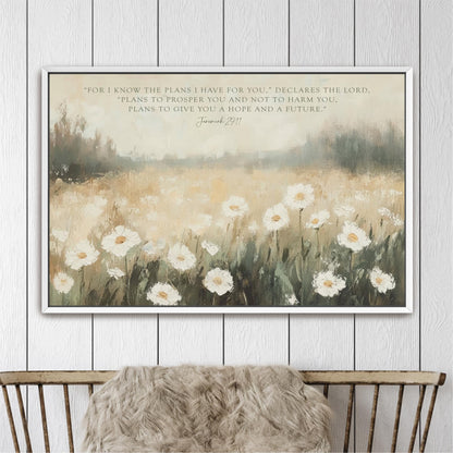 The image is a framed painting of a field of white flowers, with a quote from the Bible verse James 1:11 overlaid on the painting.