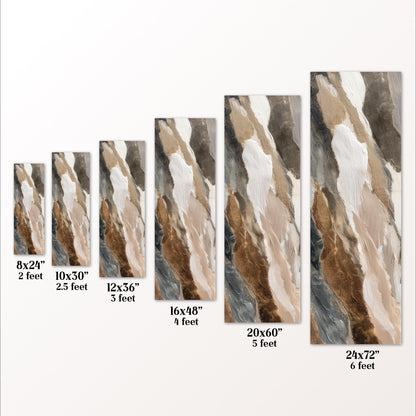 a series of paintings or prints, each with a different size ranging from 8x24" to 20x60", and each with a different color palette, such as brown, gray, and white. The paintings are arranged in a row, and the sizes and color palettes vary to create a visually interesting and diverse collection.