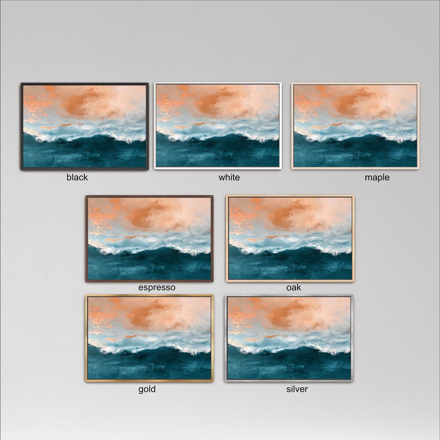 six framed landscape paintings, each with a different color scheme and style, arranged in a grid format.