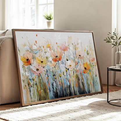 a large, framed painting of colorful flowers on a wooden frame, displayed on a white rug in a living room setting.