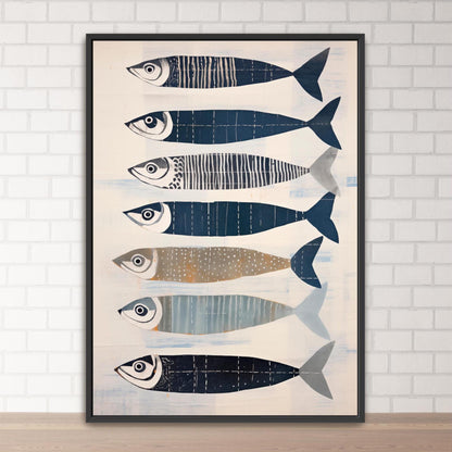 sardine art 7 sardines in a row, portrait nautical art framed