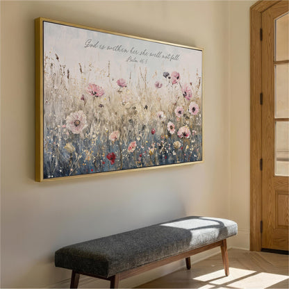 a large framed painting of a field of flowers hanging on a wall, with a bench placed in front of it.