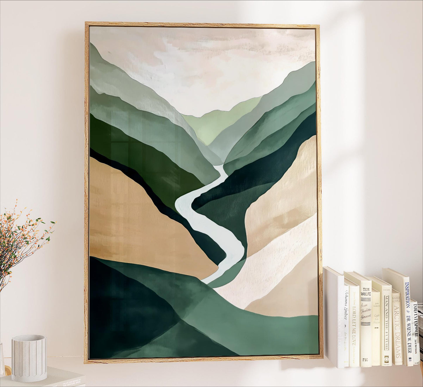 a large abstract painting hanging on a wall, depicting a winding path through a mountainous landscape with various shades of green, brown, and beige.
