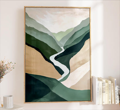 a large abstract painting hanging on a wall, depicting a winding path through a mountainous landscape with various shades of green, brown, and beige.