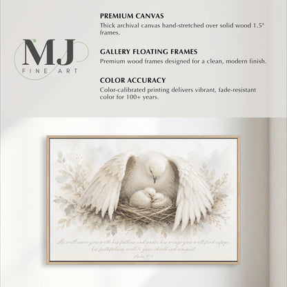 a large, detailed painting of a dove and its nest, with the dove's wings spread wide and its head resting on the nest. The painting is framed in a wooden frame, and the text above the image provides information about the quality and features of the artwork.