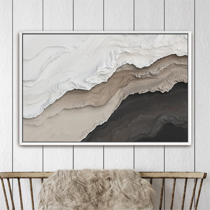 a large abstract painting hanging on a white wall above a wooden chair.