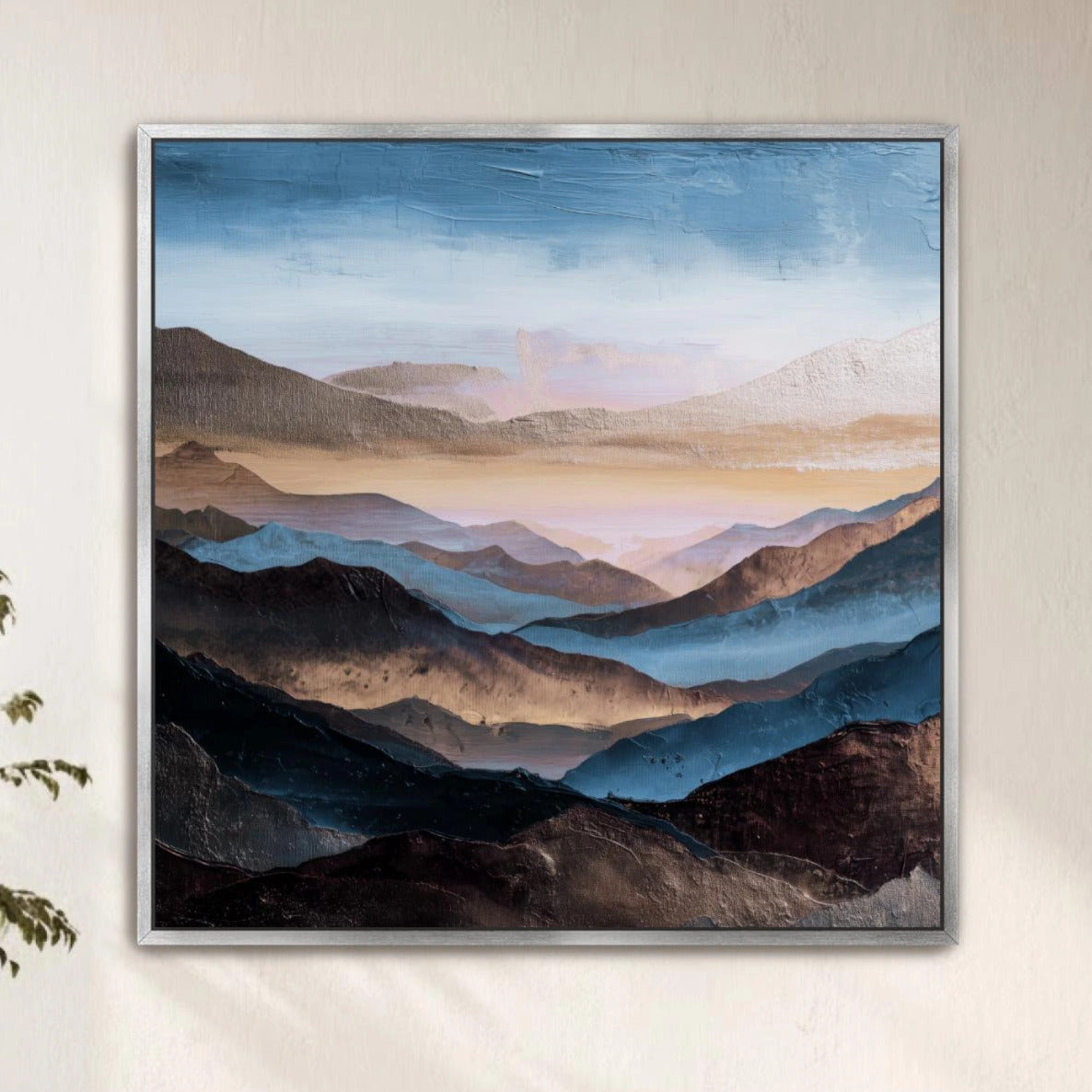 Square Abstract Mountains Art,  Blue, Brown Platinum Silver, Cool Tones, Painting Framed Canvas Print, Landscape Wall Decor, Large Shipped