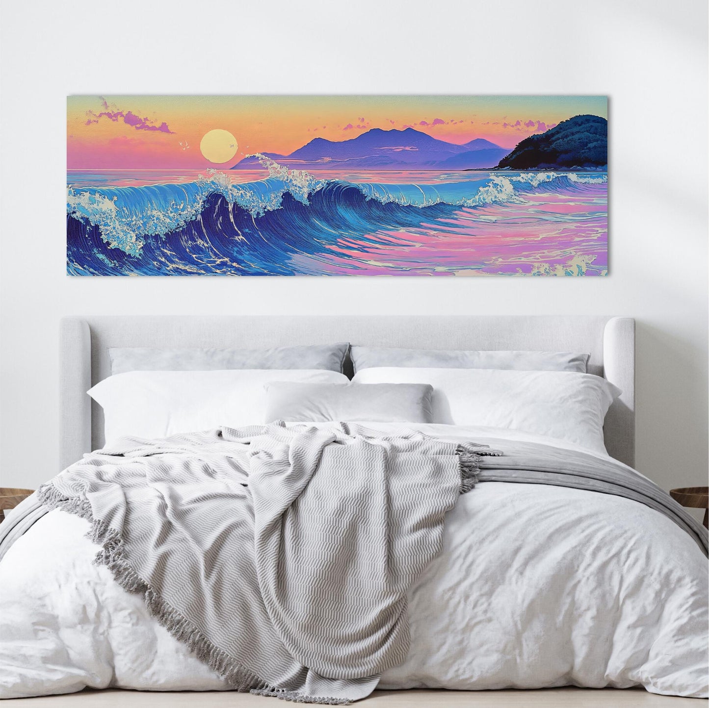 a painting of a sunset over a bed