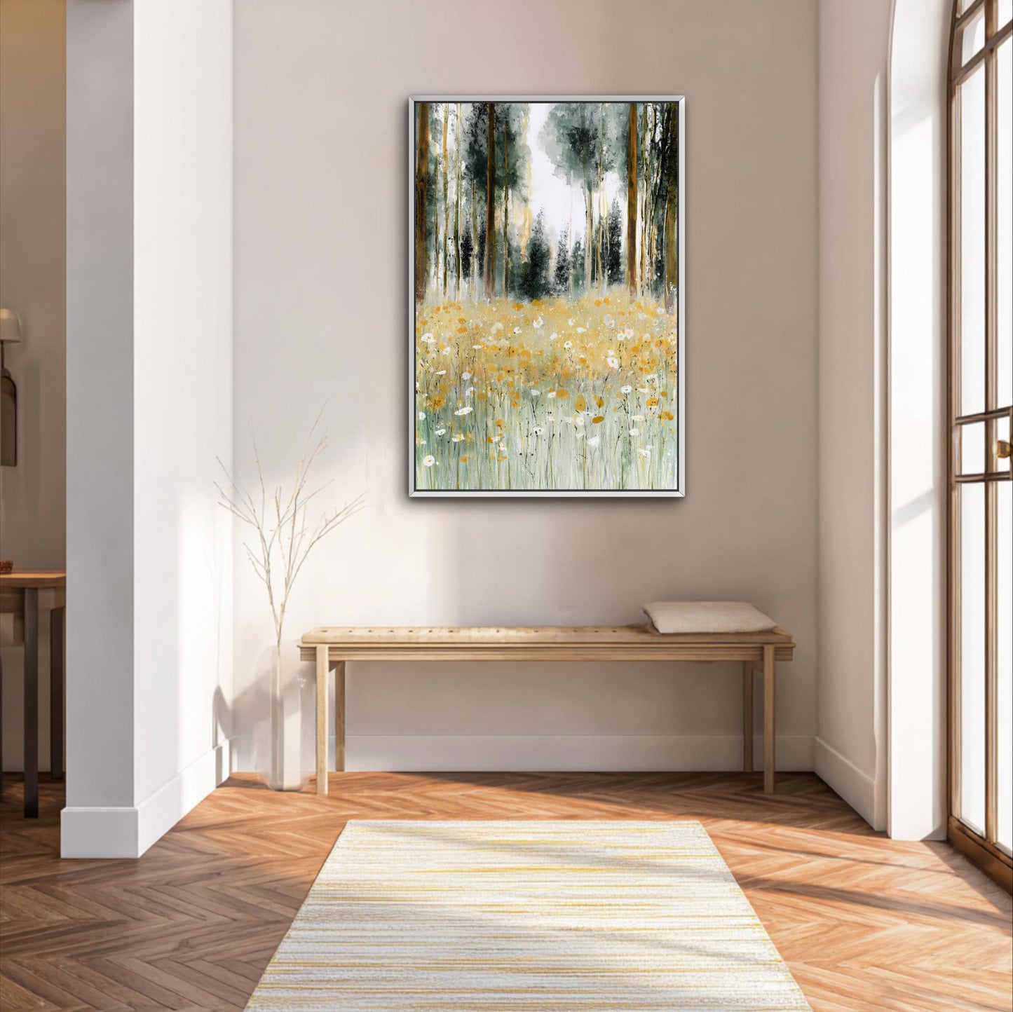a serene and well-lit room with a large painting of a field of flowers hanging on the wall. The painting is framed in a white frame and is the focal point of the room. The room has a wooden floor and a bench, creating a cozy and inviting atmosphere.