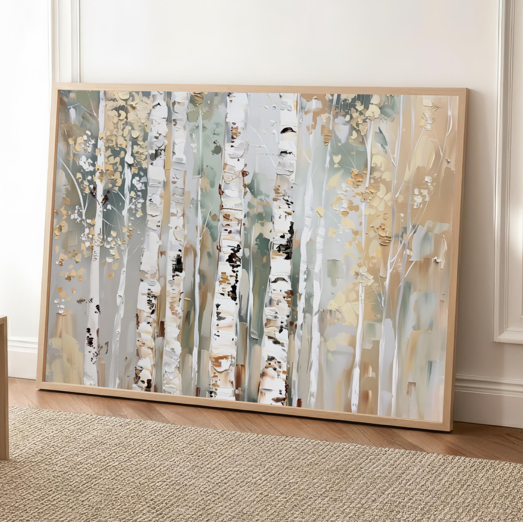 Large Aspen Tree Wall Art Landscape, Neutral Abstract Forest Canvas Print, Modern Nature Artwork, Green Beige Woodland Decor, Minimalist