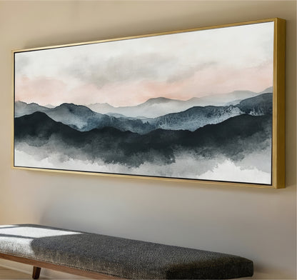 Panoramic Mountain Fog Landscape Art

Soft layers and a calm, atmospheric feel.

This piece features a series of mountain ranges fading into mist, using muted tones and gentle transitions to create depth without sharp contrast. The panoramic layout stretches the scene across the wall, adding width while keeping everything understated and balanced.