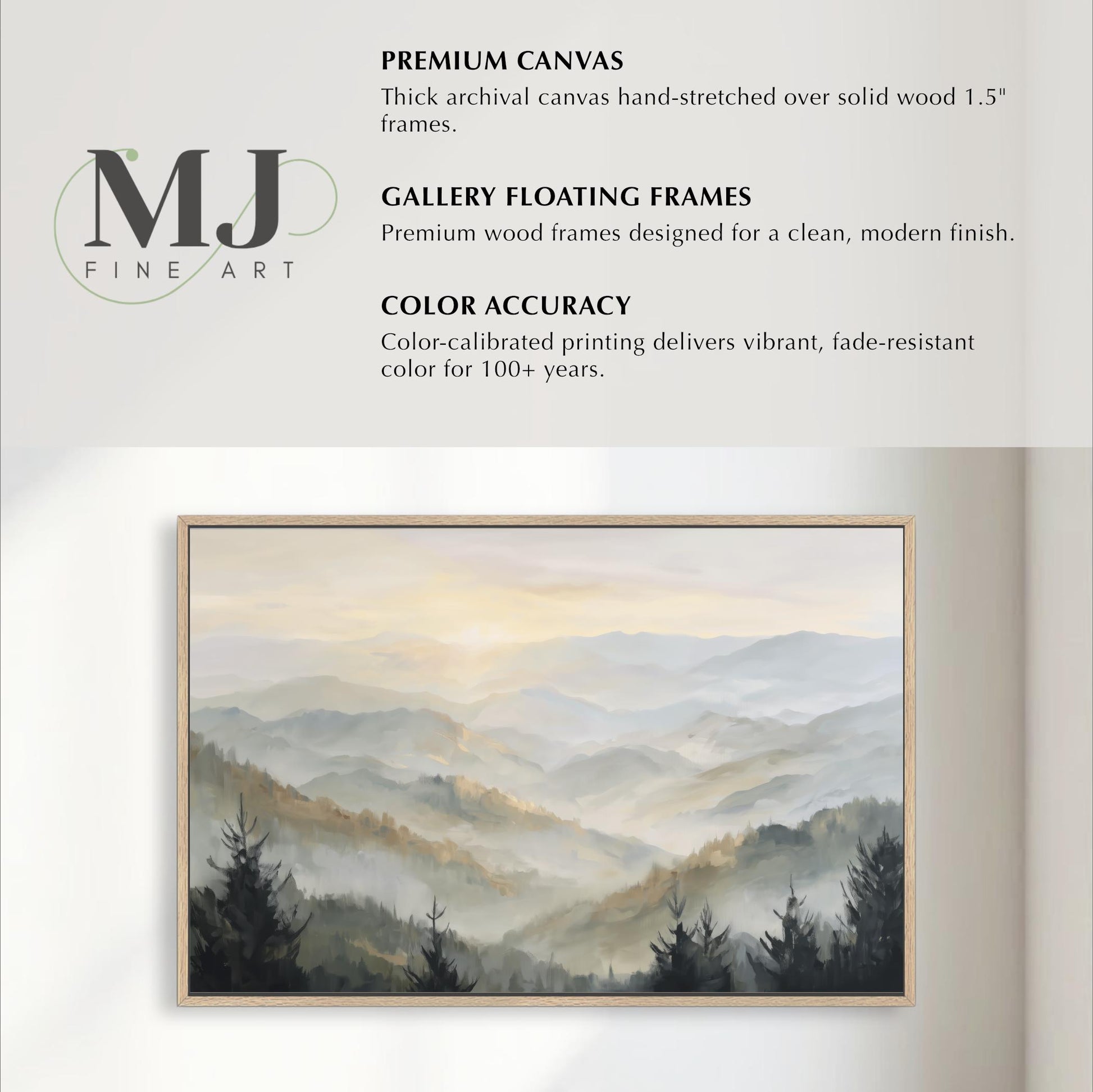 The image is a painting of a mountain landscape with pine trees, featuring a color accuracy that delivers vibrant, fade-resistant color for 100+ years.