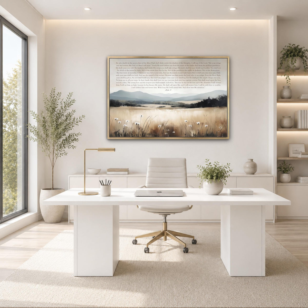 a modern, minimalist office space with a large window, a white desk, a white chair, and a framed landscape painting on the wall.