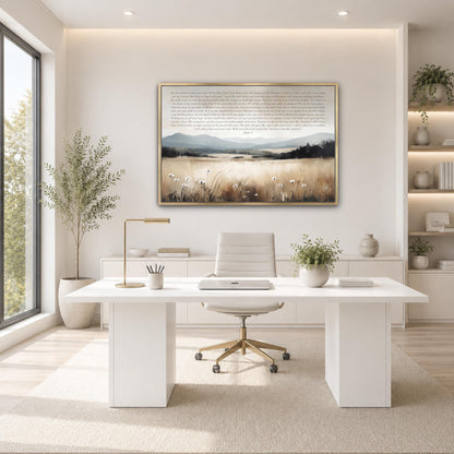 a modern, minimalist office space with a large window, a white desk, a white chair, and a framed landscape painting on the wall.