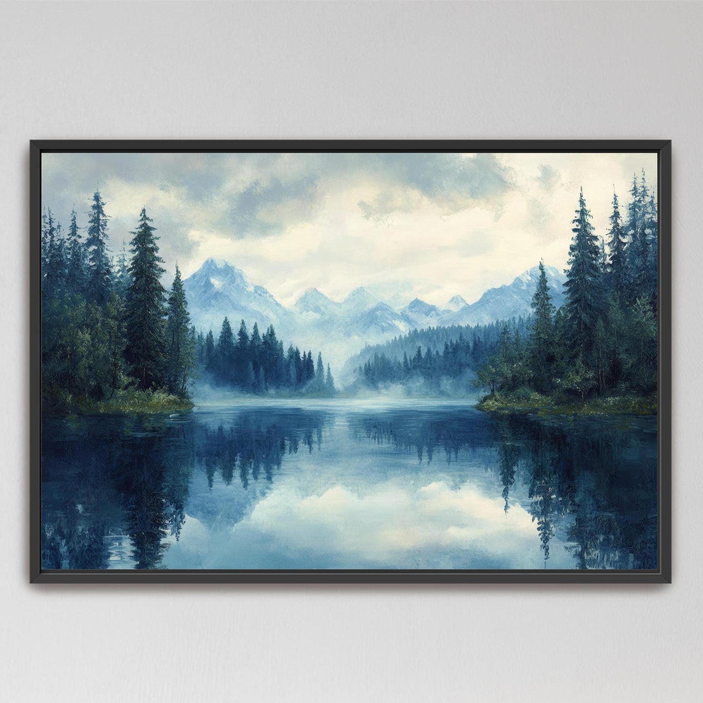 misty mountains and lake