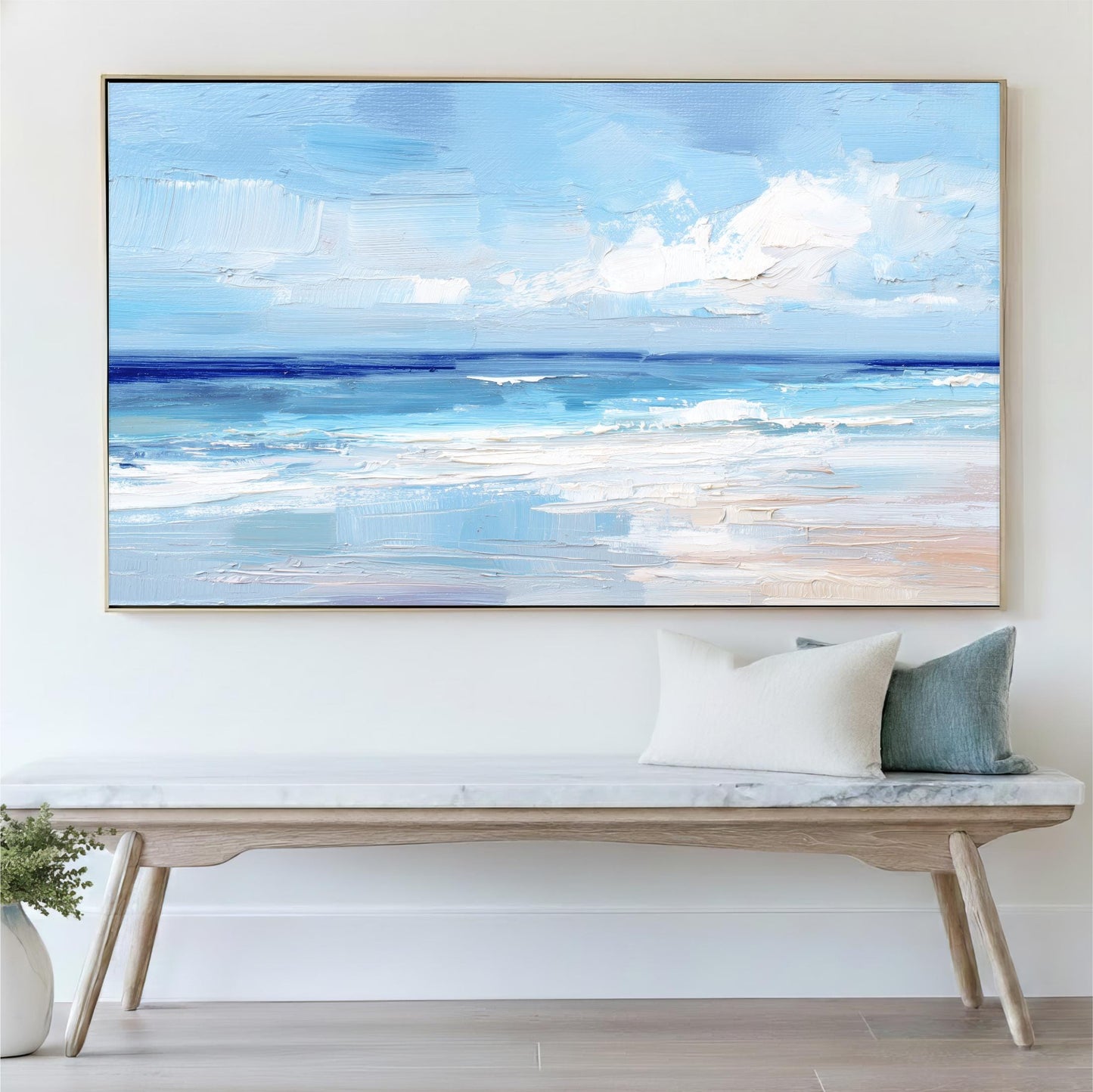 Coastal Beach Painting, Abstract Blue Ocean Wall Decor, Textured Effect Seascape Canvas Print, Modern Shore Cottage Home Artwork, Landscape - Bring a light, coastal feel into your space with this textured ocean painting. Soft layers of blue, white, and sandy tones create a peaceful shoreline scene with gentle waves and an open sky.