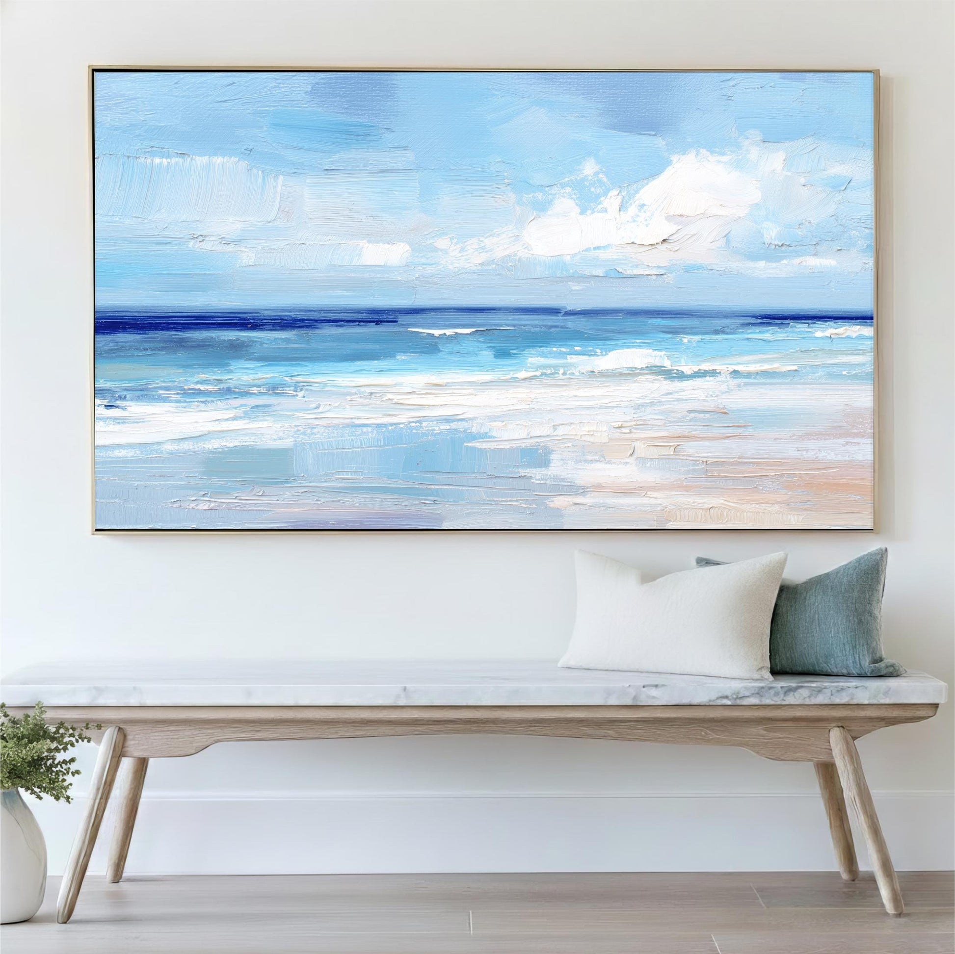 Coastal Beach Painting, Abstract Blue Ocean Wall Decor, Textured Effect Seascape Canvas Print, Modern Shore Cottage Home Artwork, Landscape - Bring a light, coastal feel into your space with this textured ocean painting. Soft layers of blue, white, and sandy tones create a peaceful shoreline scene with gentle waves and an open sky.