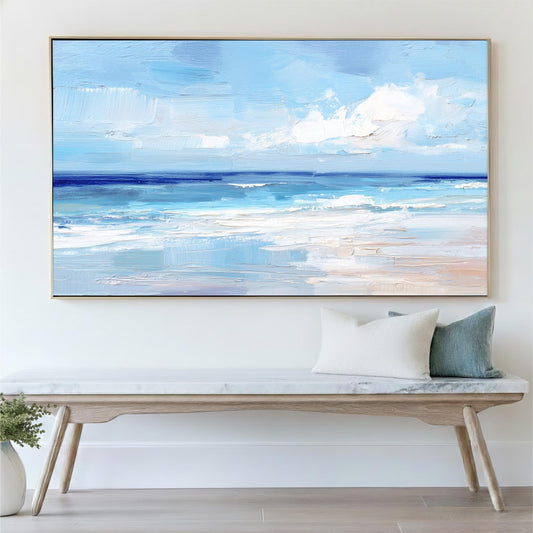 Coastal Beach Painting, Abstract Blue Ocean Wall Decor, Textured Effect Seascape Canvas Print, Modern Shore Cottage Home Artwork, Landscape - Bring a light, coastal feel into your space with this textured ocean painting. Soft layers of blue, white, and sandy tones create a peaceful shoreline scene with gentle waves and an open sky.