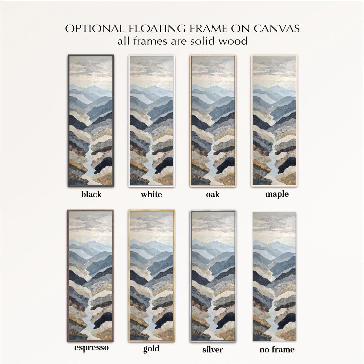 a collection of six framed landscape paintings, each with a different color and frame style. The frames are described as having a solid wood finish, and the paintings are arranged in a grid format.