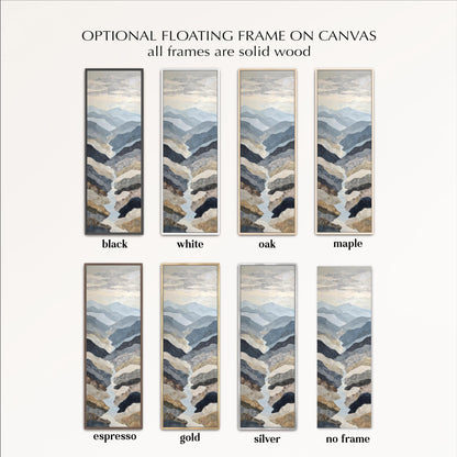 a collection of six framed landscape paintings, each with a different color and frame style. The frames are described as having a solid wood finish, and the paintings are arranged in a grid format.