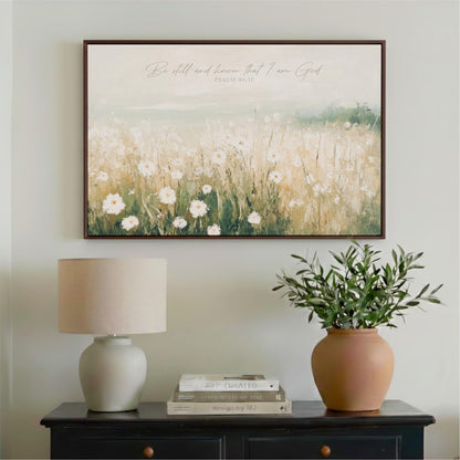a framed painting of a field of flowers hanging on a wall above a wooden table with a lamp and a potted plant.