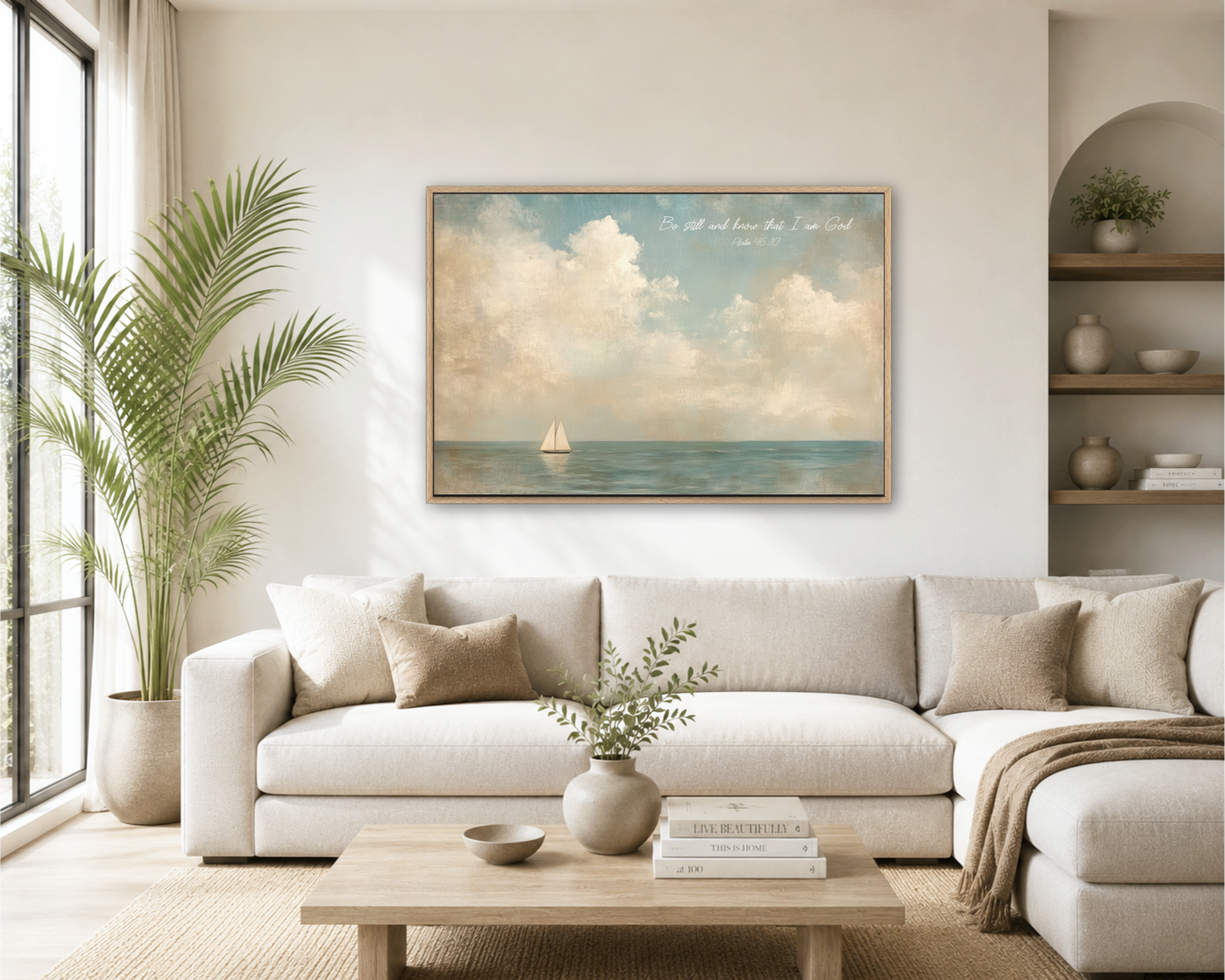 a serene living room with a large painting of a sailboat on the wall, a white sofa, a wooden coffee table, and a potted plant.