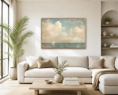a serene living room with a large painting of a sailboat on the wall, a white sofa, a wooden coffee table, and a potted plant.