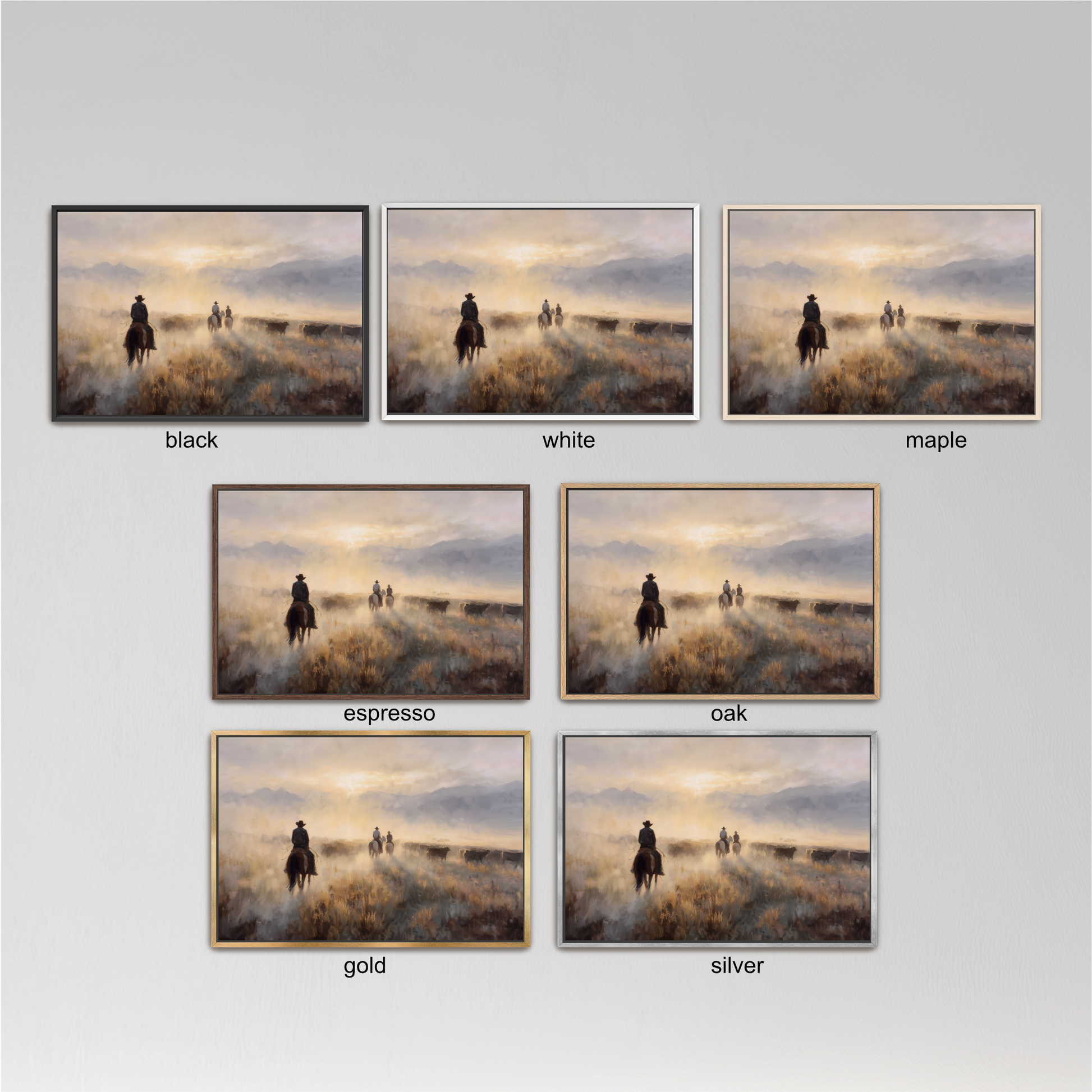 six different framed pictures of people riding horses in a field, each with a different color frame. The pictures are arranged in a grid format, with three pictures in each row and two pictures in each column.