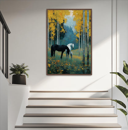 a painting of a black horse standing in a field of flowers, with a white horse nearby, all set against a backdrop of trees with yellow leaves.