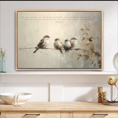 a framed painting of four birds perched on a branch, with a text overlay that reads "He will cover you with his feathers and under his wings you will find refuge, his faithfulness will be your shield and rampart."