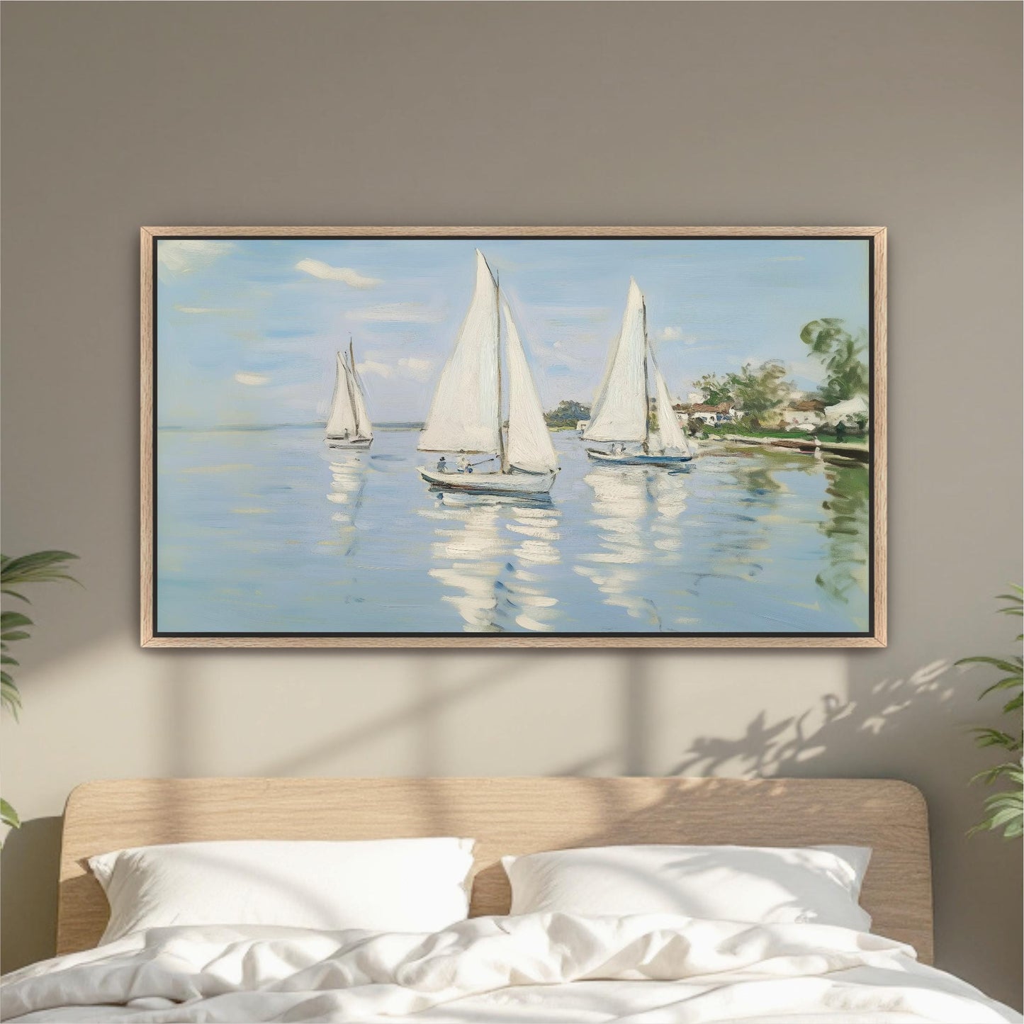 three sailboats on a calm body of water, with a serene landscape in the background.