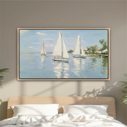 three sailboats on a calm body of water, with a serene landscape in the background.