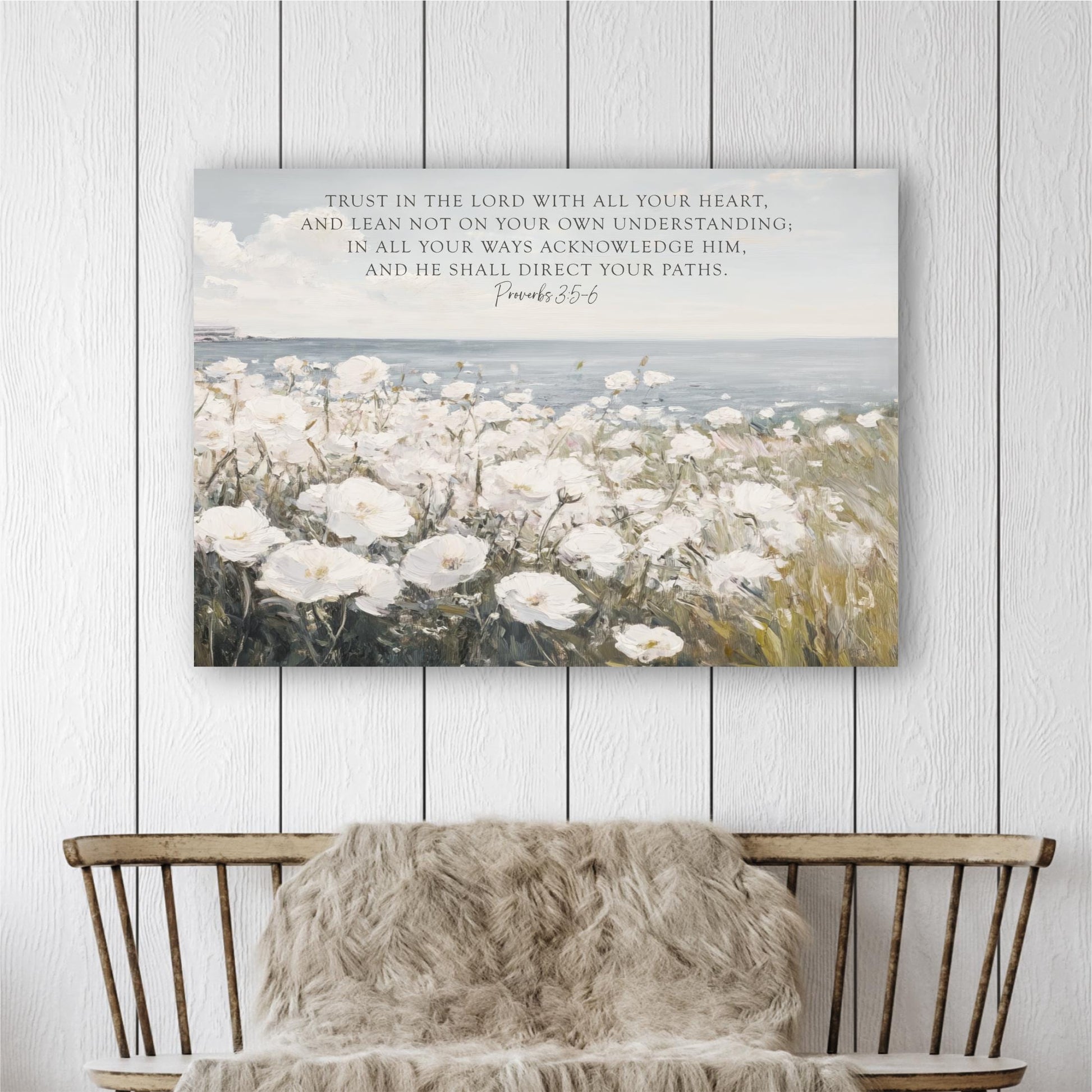 a painting on a wall with a bench in front of it