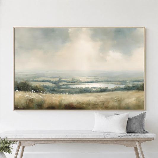a large landscape painting hanging on a white wall above a wooden bench with two pillows.