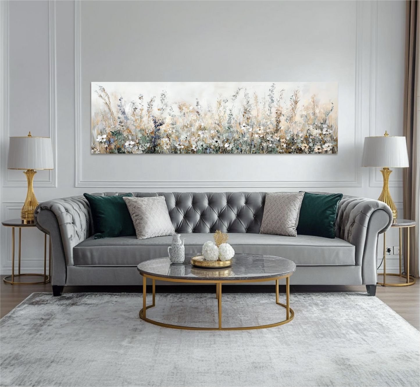 a modern living room with a gray tufted sofa, a round marble coffee table, and two gold-framed lamps on either side of the sofa. Above the sofa, there is a large painting of a field of flowers.