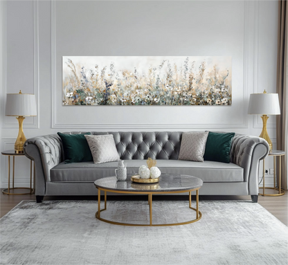 a modern living room with a gray tufted sofa, a round marble coffee table, and two gold-framed lamps on either side of the sofa. Above the sofa, there is a large painting of a field of flowers.