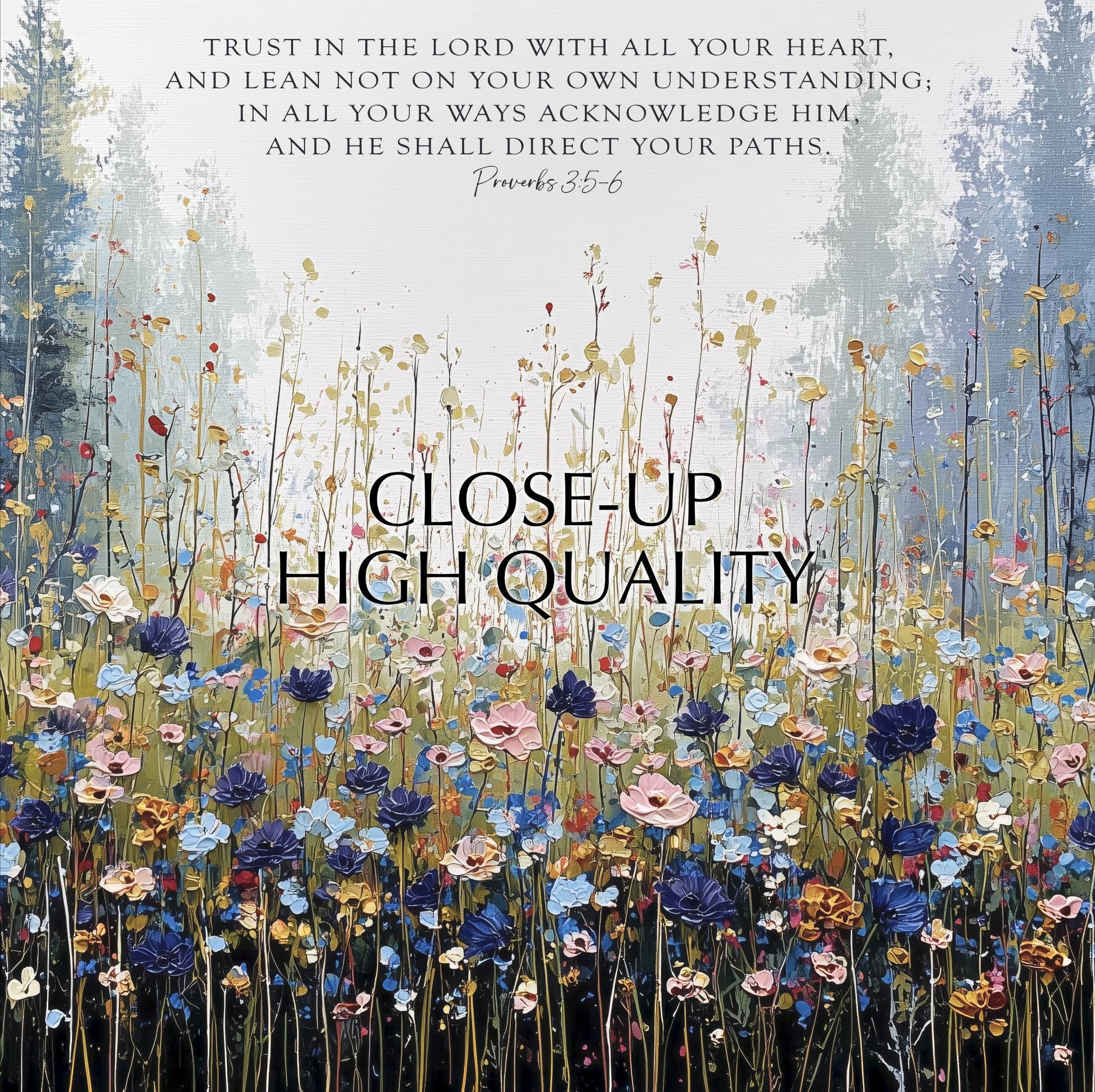 The image is a close-up of a field of colorful flowers, with a religious text overlay.