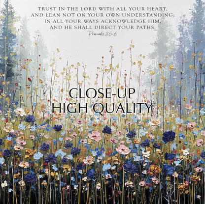 The image is a close-up of a field of colorful flowers, with a religious text overlay.