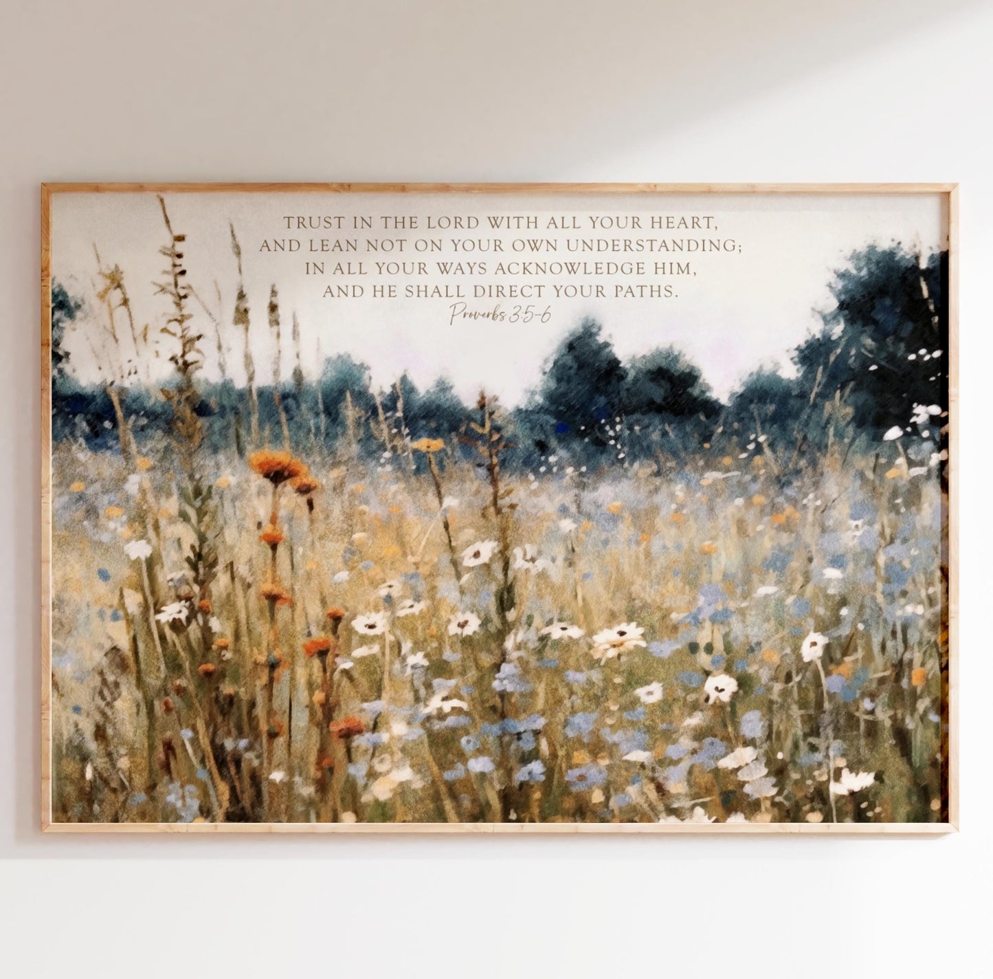 "Field of Wildflowers" Trust in the Lord

Calming landscape autumn blooms rendered in rich navy blue, burnt orange, and cream. Choose to display the verse from Proverbs 3:5-6 scripture -"Trust in the Lord with all your heart, and lean not on your own understanding; in all your ways acknowledge Him, and He shall direct your paths" or custom words