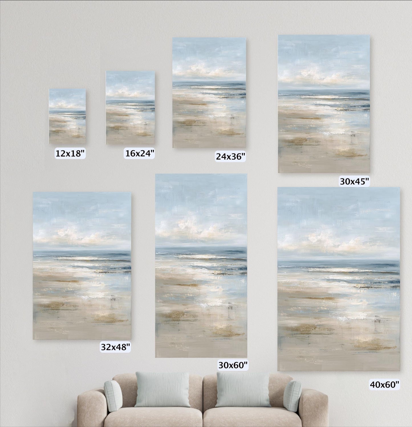 a collection of seven framed landscape paintings of varying sizes, arranged on a wall next to a couch.