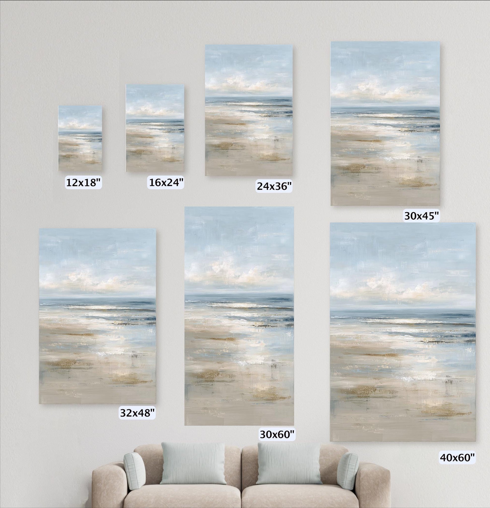 a collection of seven framed landscape paintings of varying sizes, arranged on a wall next to a couch.