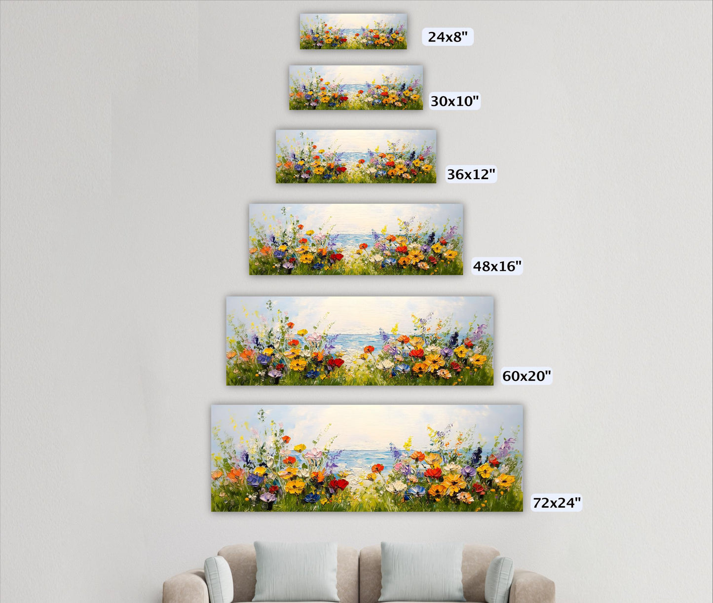 A series of framed paintings depicting a vibrant field of flowers, each with a different size and resolution, ranging from 24x8" to 72x24" in size.